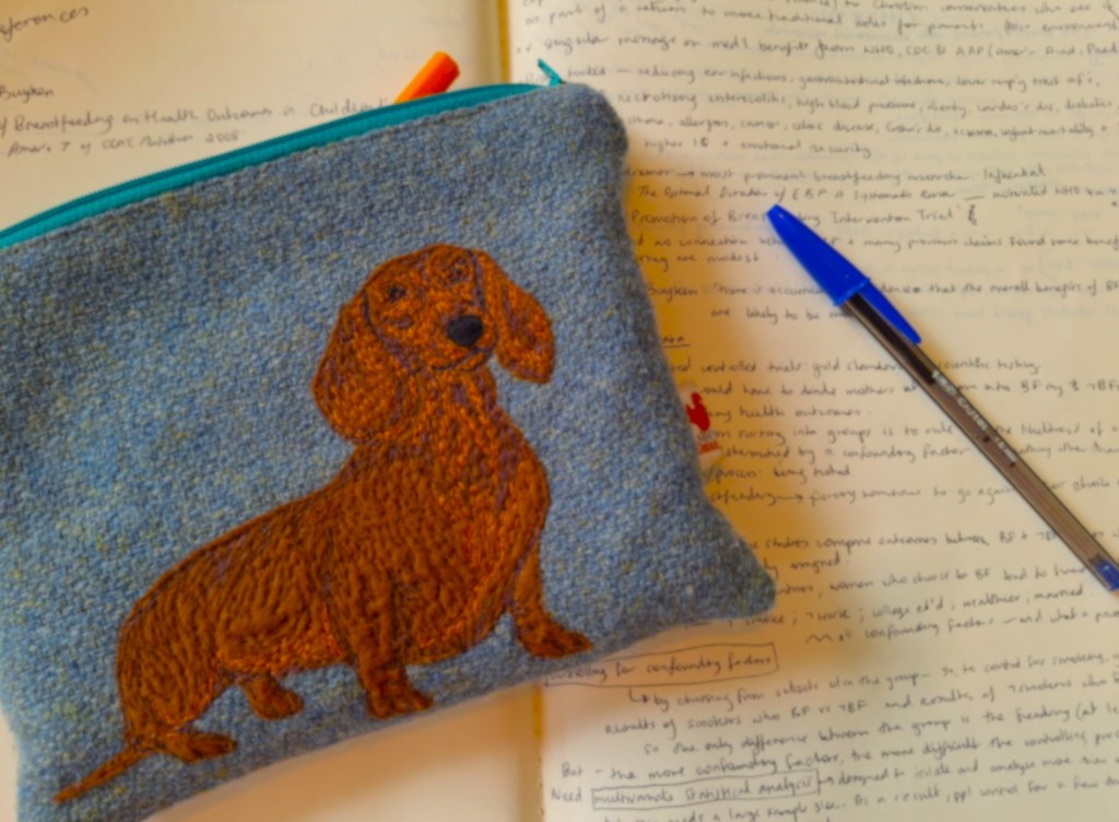 Pencil case sitting on note pages